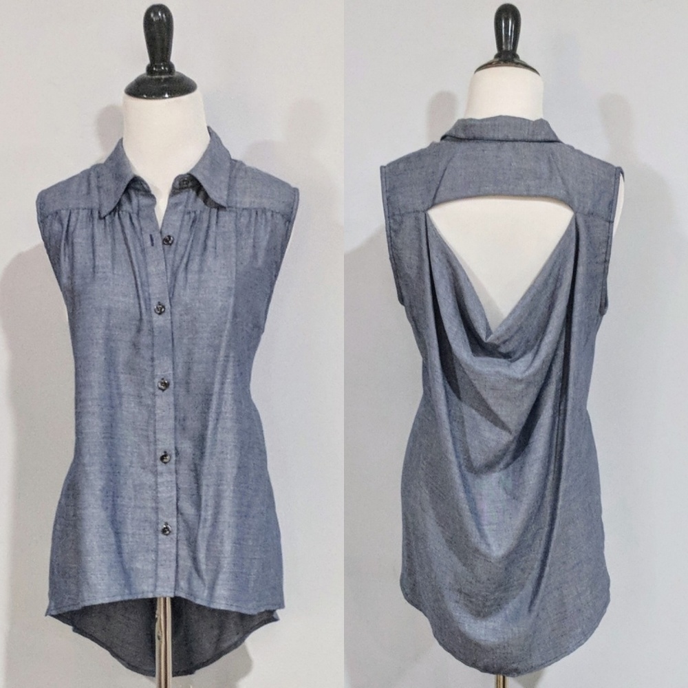 CAbi Sleeveless Button-Down Top in Chambray Blue with Draped Open Back